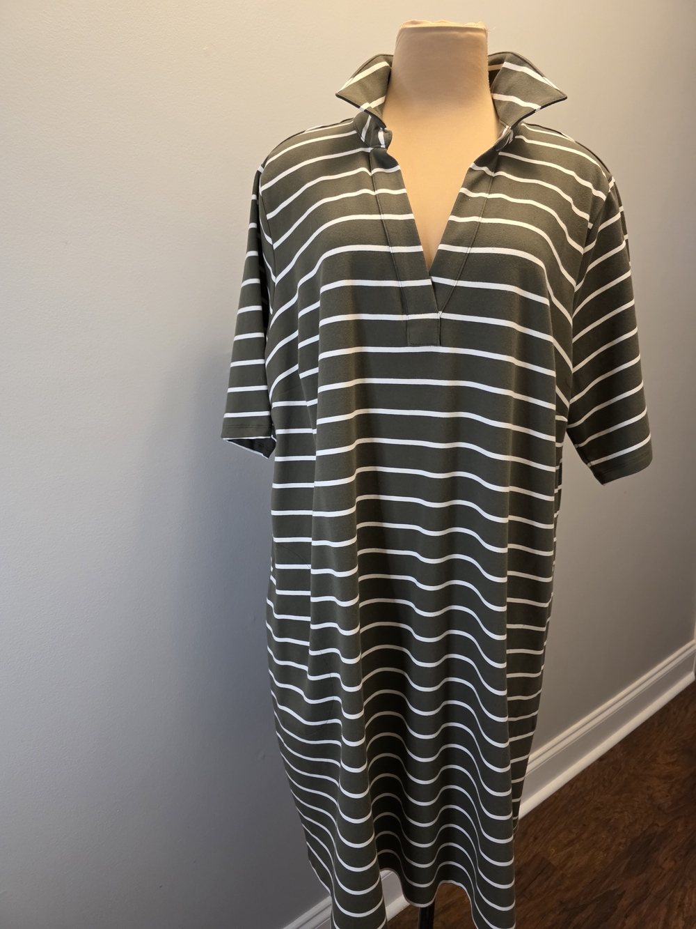 Lands End Olive Green/White Polo Plus Size Midi Dress